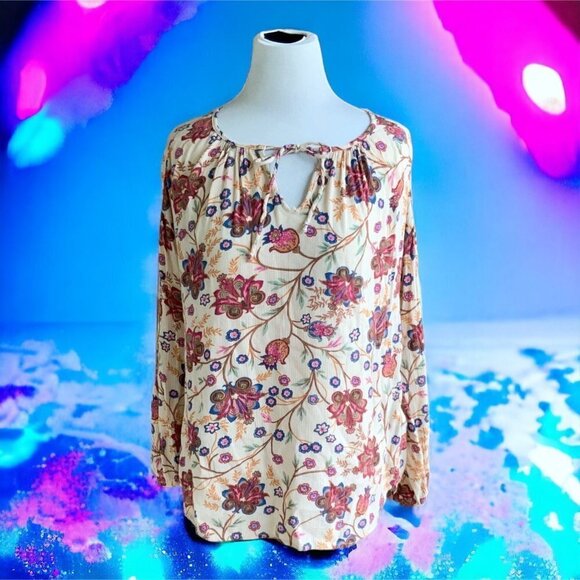 Ralph Lauren Chaps quarter sleeve drawstring keyhole tan floral blouse ladies S - Picture 2 of 7